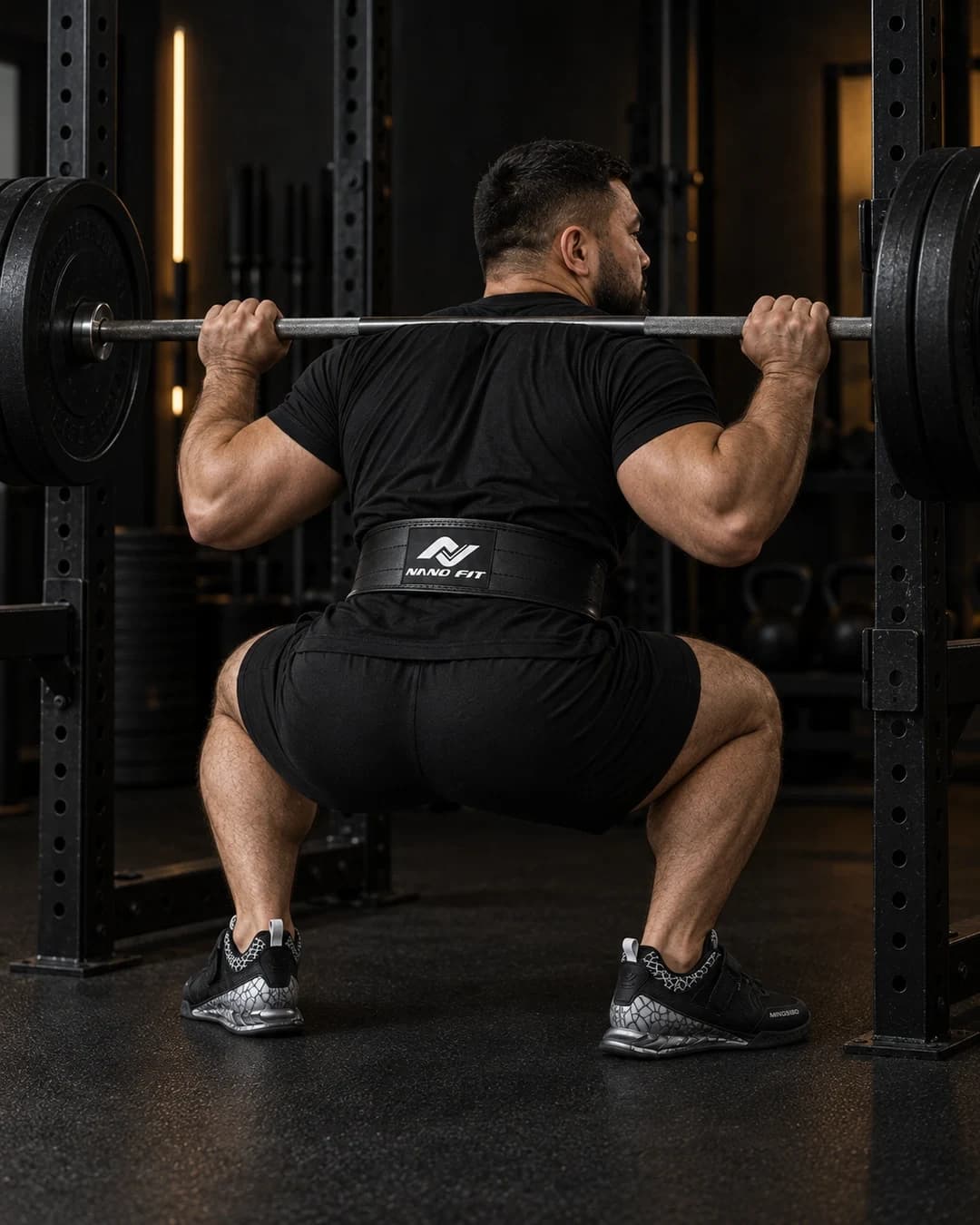 Атлет в поясе NANO FIT выполняет присед со штангой