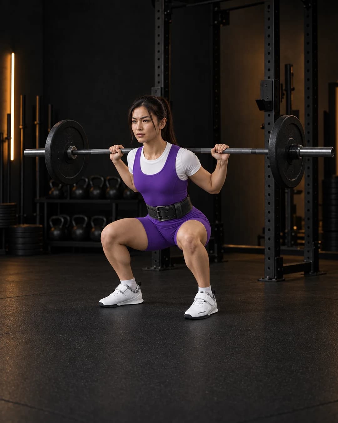 Сауле приседает со штангой в белых штангетках NANO FIT