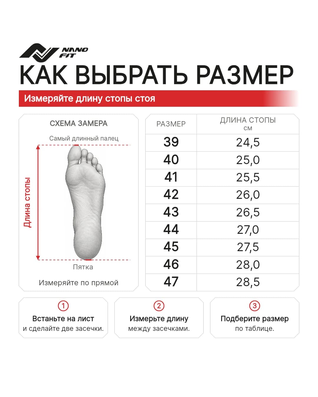 Размерная сетка белых штангеток NANO FIT WSN01